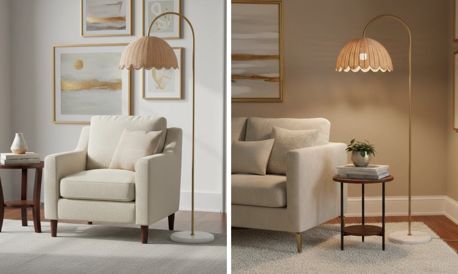 Switch light comparison for Olvara rattan floor lamp