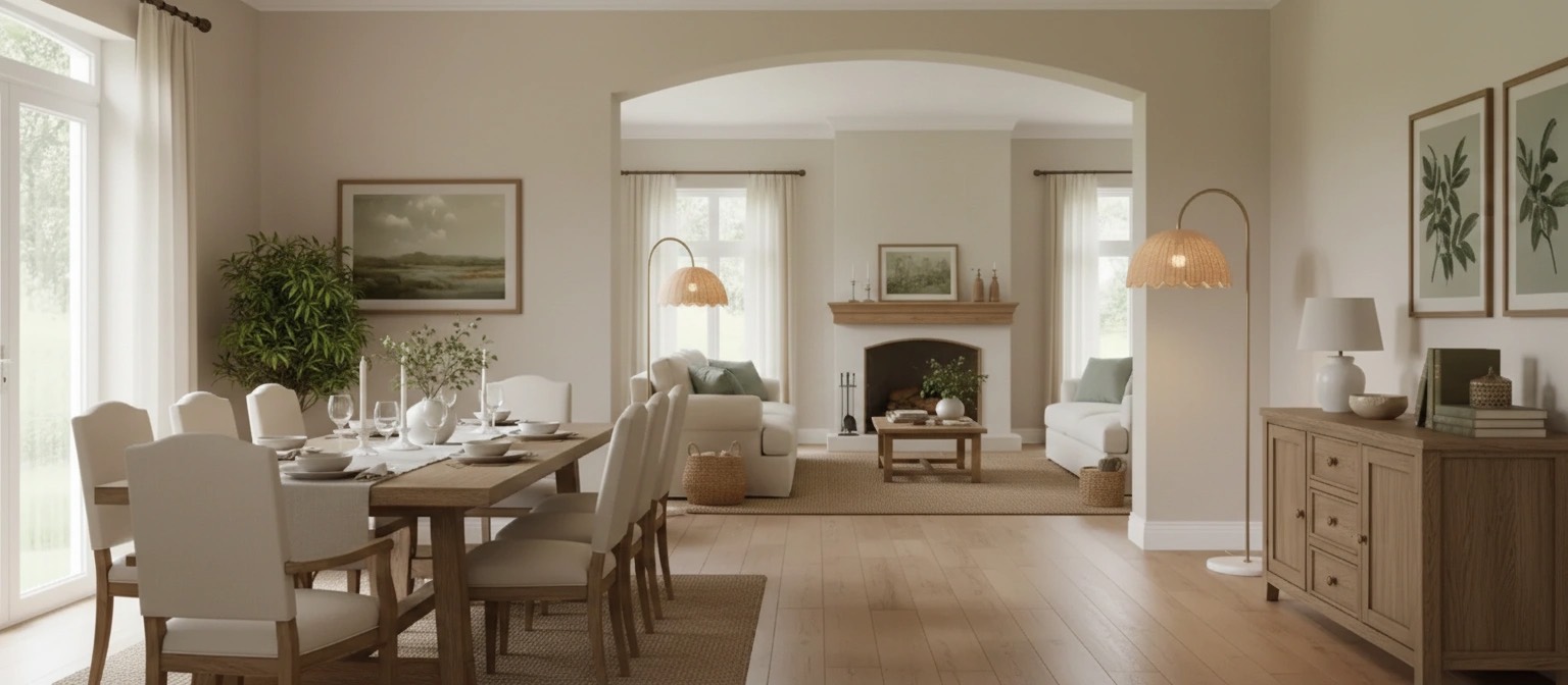 Olvara rattan bubble floor lamp styled across an open living space