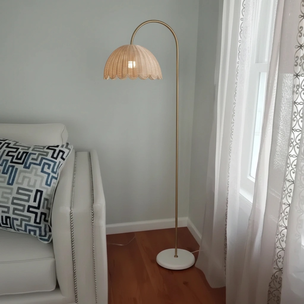 Customer photo of Olvara rattan floor lamp beside a sofa