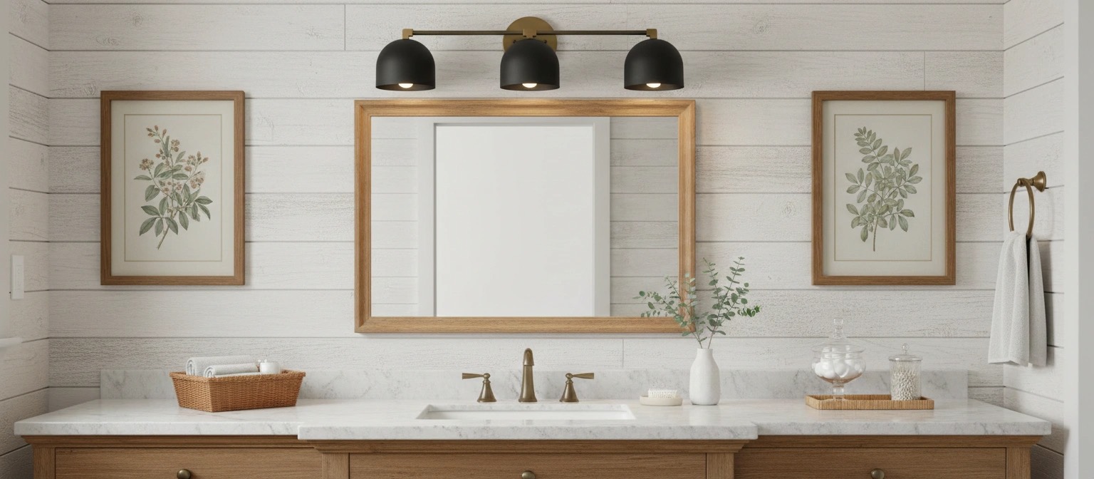 Metio dome vanity lamp installed above a bathroom mirror