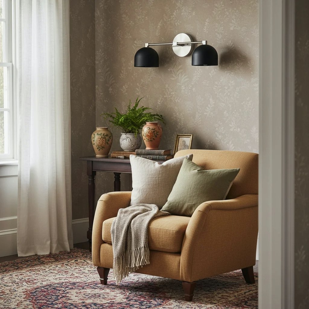 Metio vanity lamp in a cozy bedroom sitting area