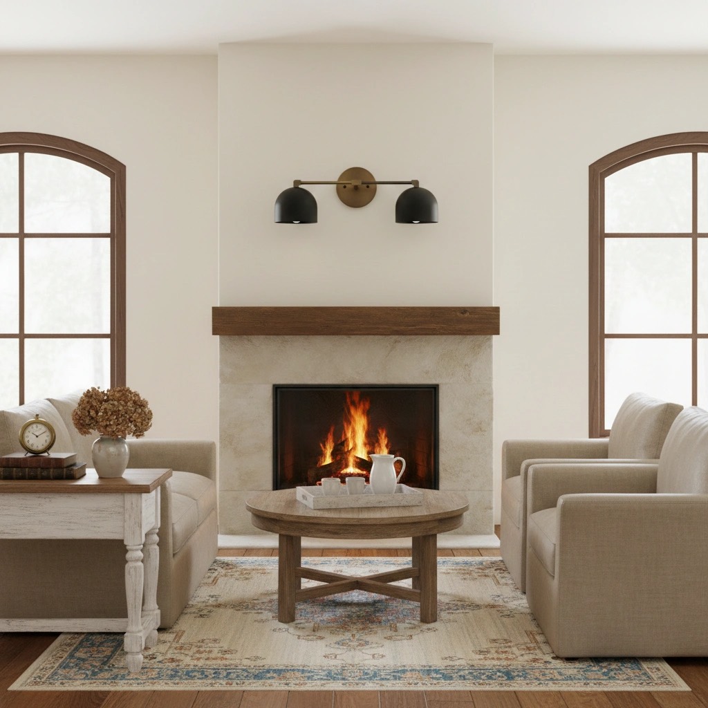 Metio vanity lamp above a fireplace mantel