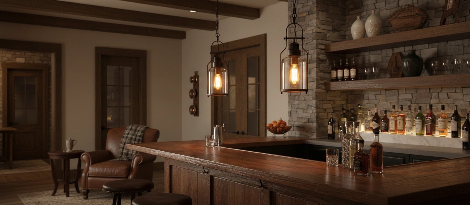 Lirra iron glass pendant lamps illuminating a vintage bar room