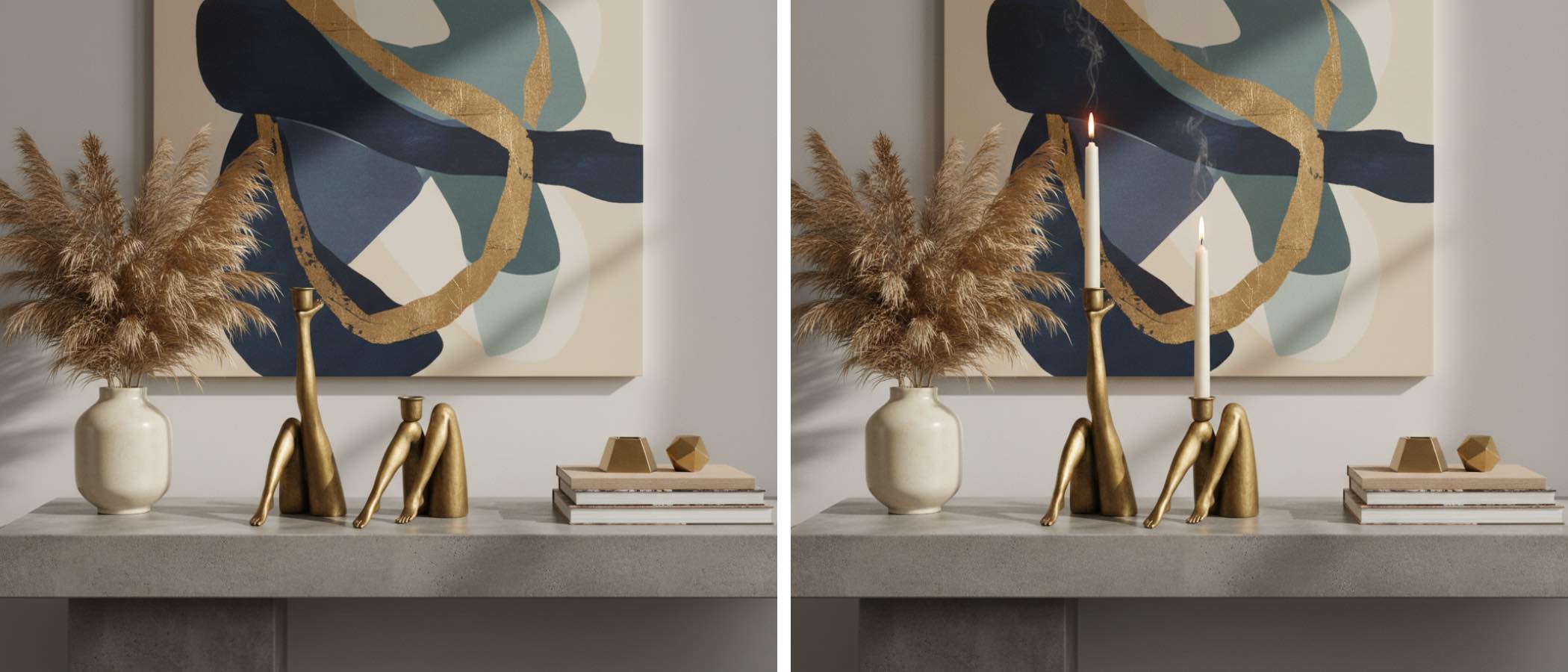 Lighting effect comparison with candle unlit and lit