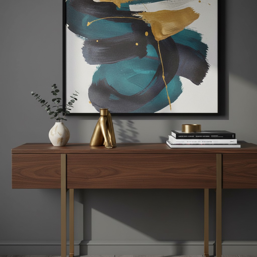 Gold Kickra candle holder on a console table
