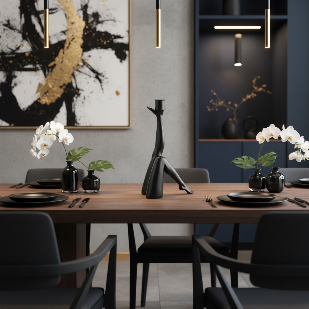 Black Kickra candle holder in a dining room setting