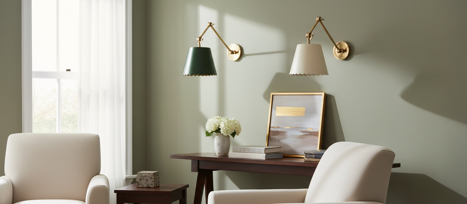 Foldray scalloped task sconces in a refined living room scene