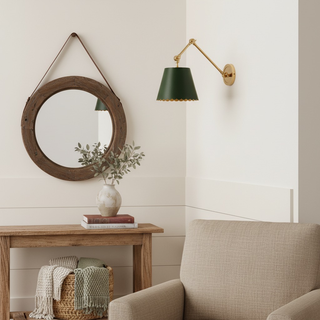 Foldray wall light beside a mirror in a calm room