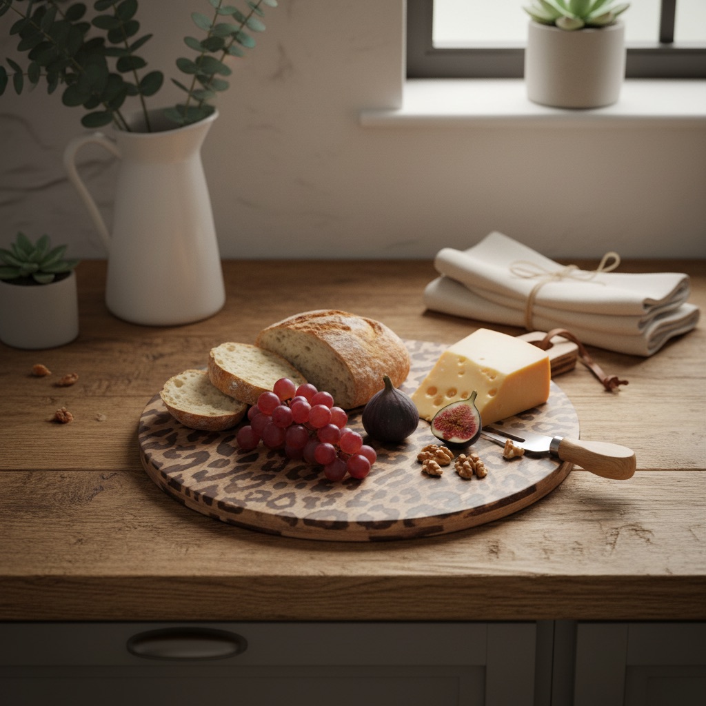 Leopard print serving board with prepared food