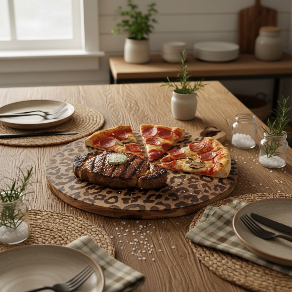 Leopard print serving board styled with steak and pizza on a dining table