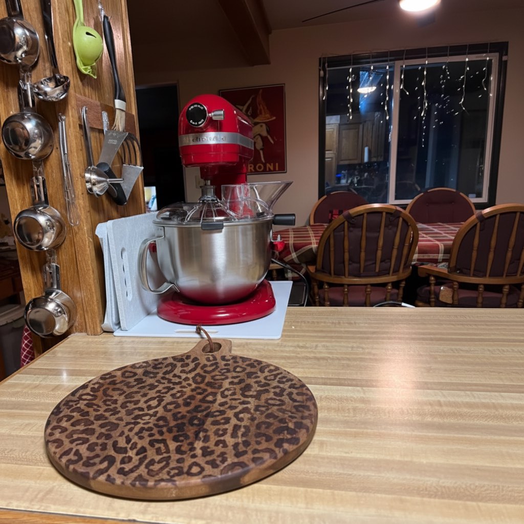Customer photo of round leopard print serving board on a table