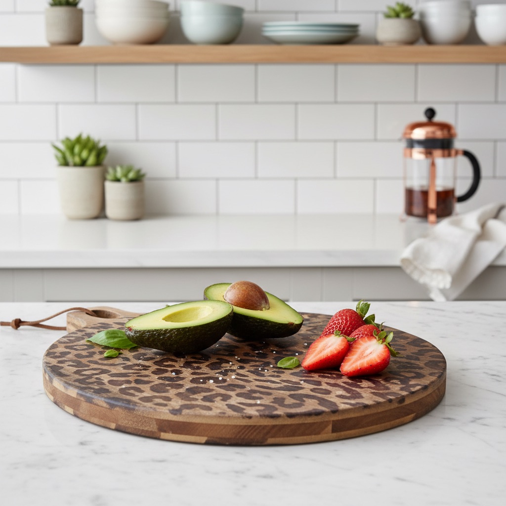 Round leopard print serving board with avocado and strawberries