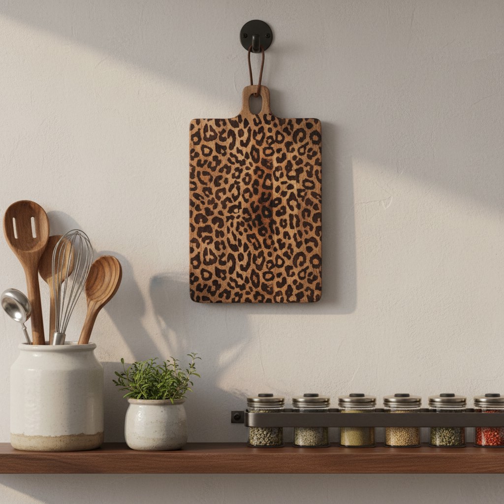 Leopard print board hanging by its loop