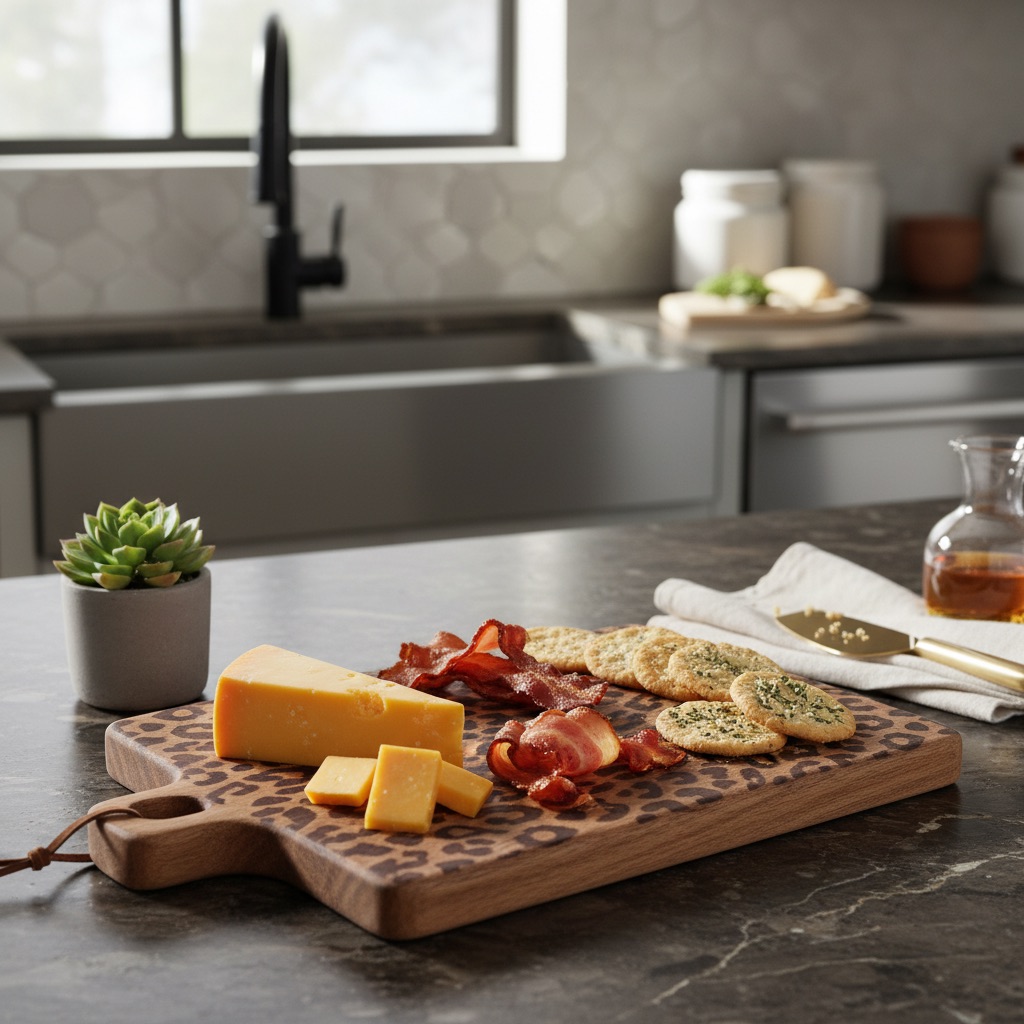 Leopard print serving board with cheese and charcuterie in a kitchen