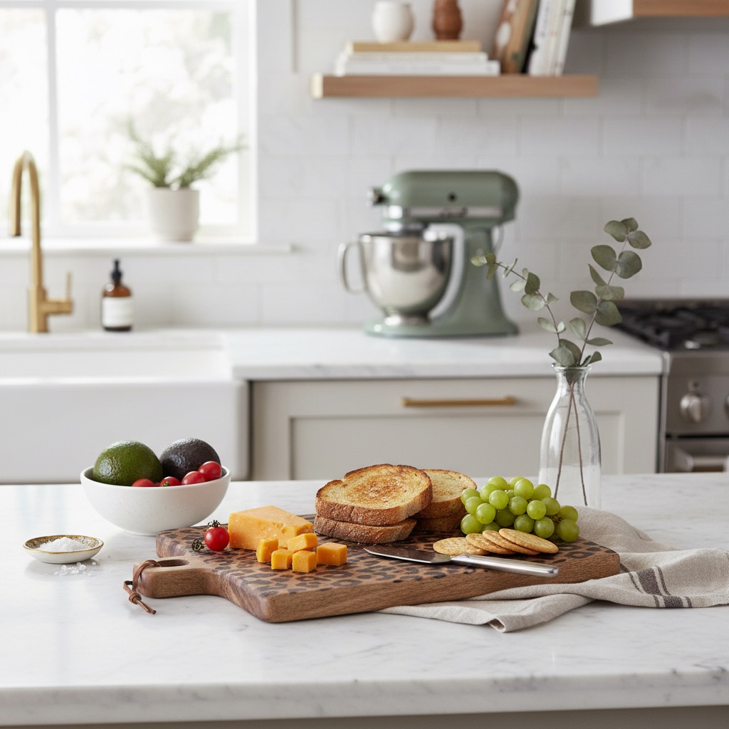 Leopard print serving board styled on a kitchen counter