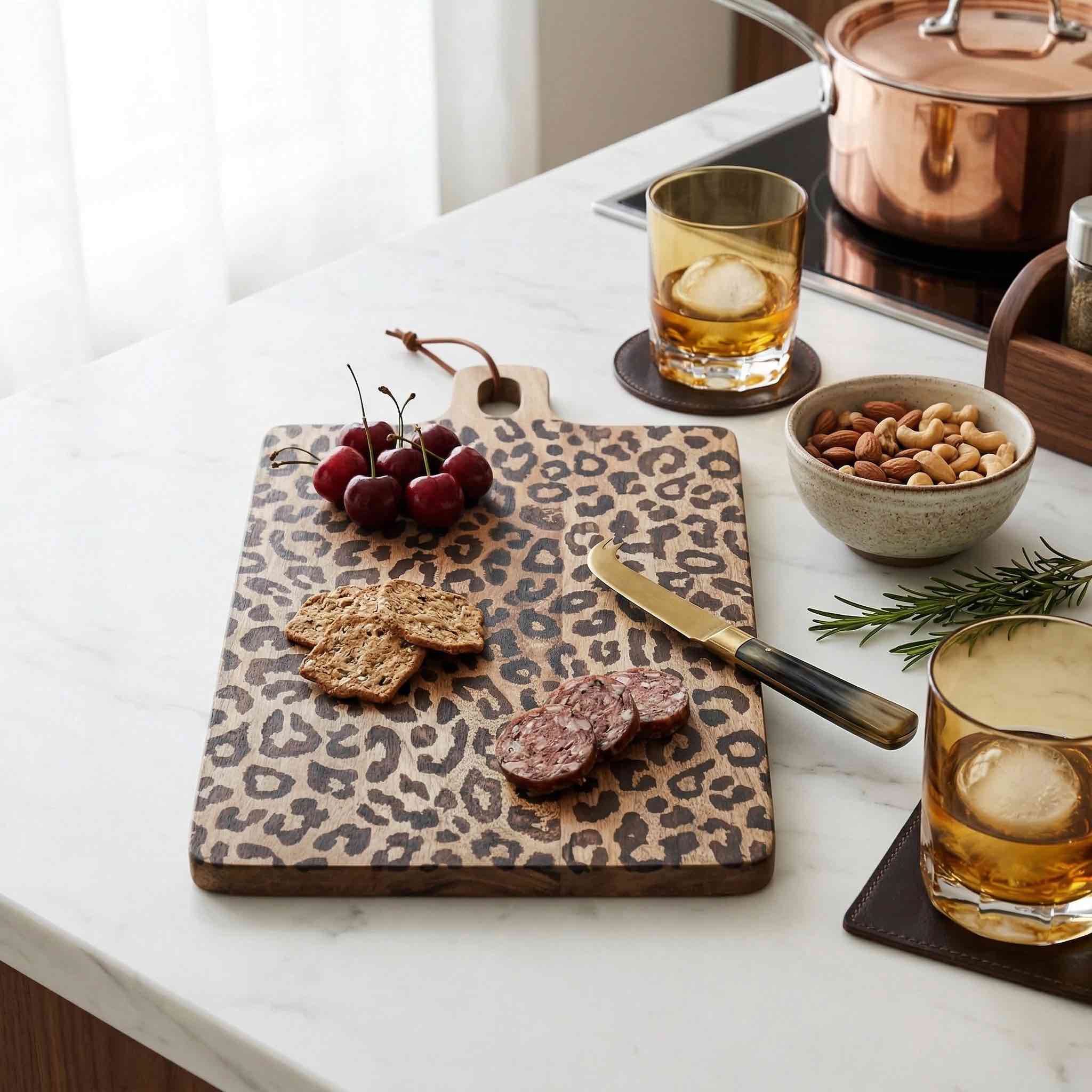 Leopard print serving board with breakfast foods in a kitchen