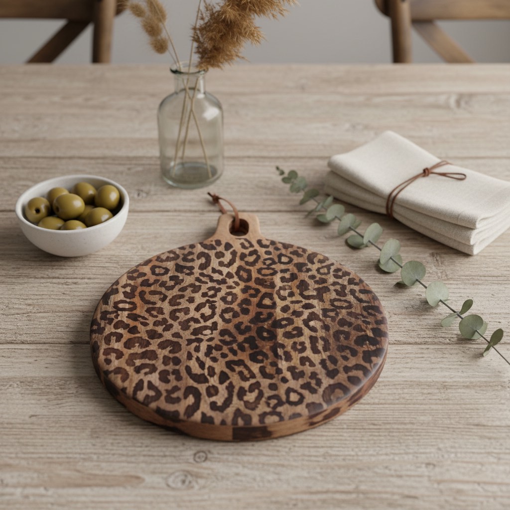 Leopard print serving board showing bold pattern design