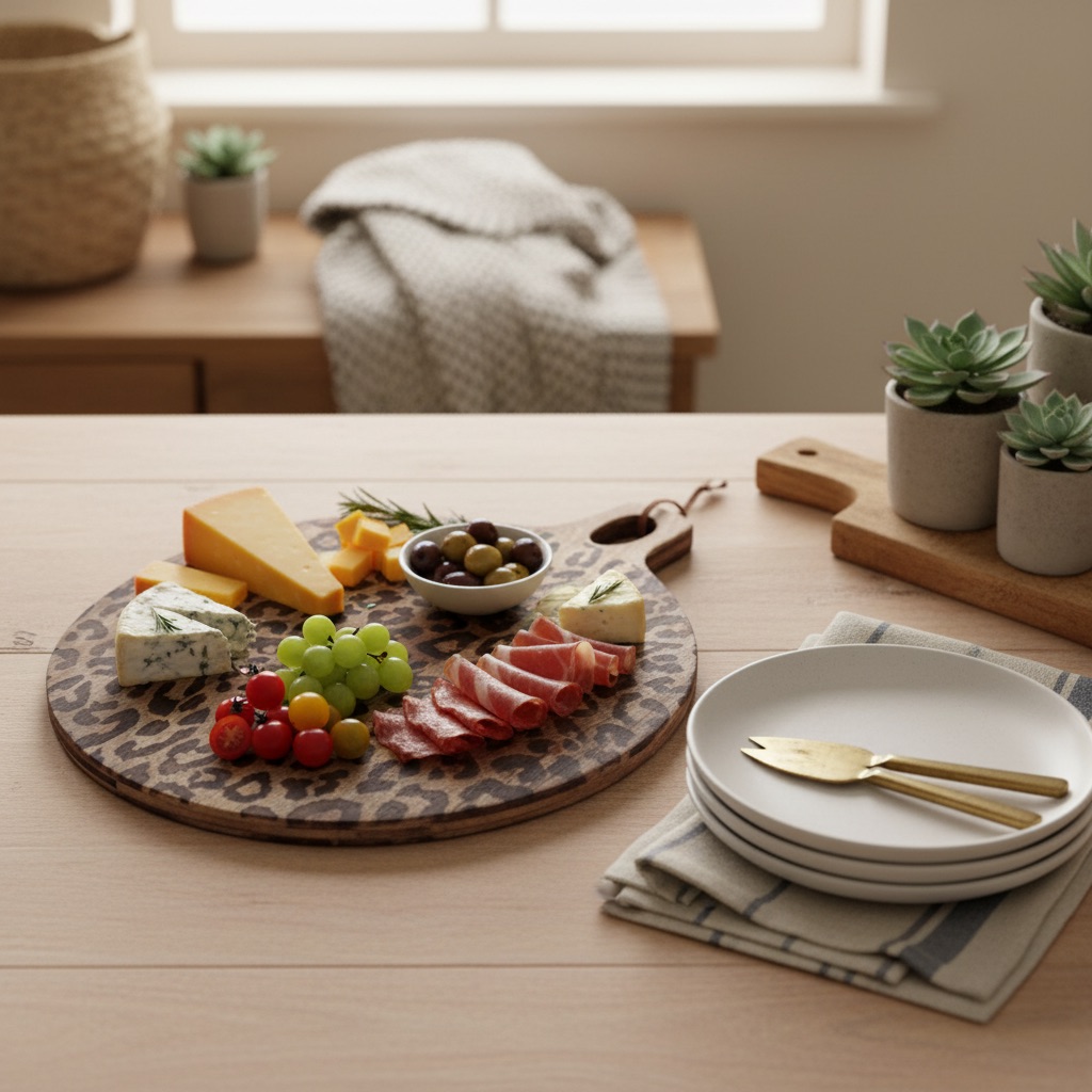 Round leopard print board with bread, cheese and fruit