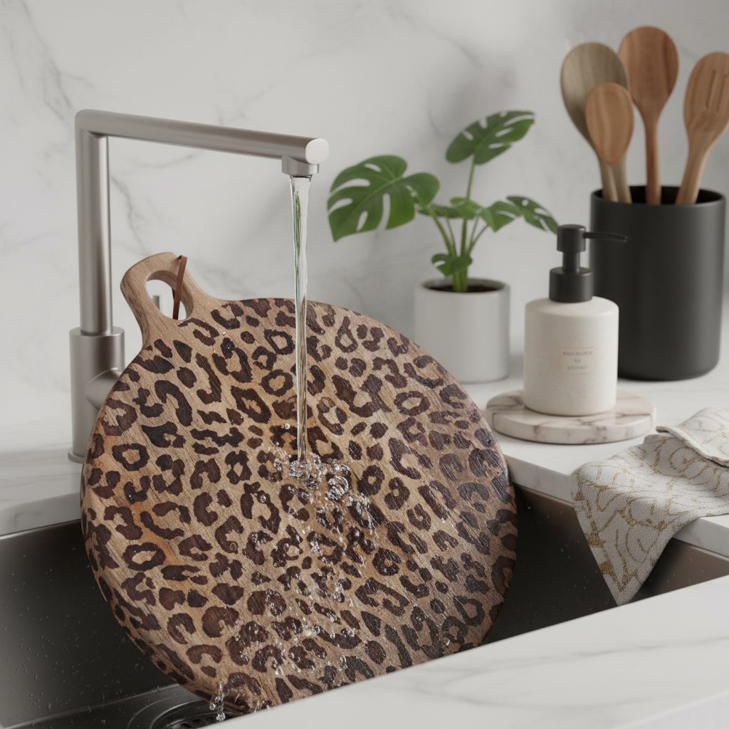 Natural wood leopard print board in a kitchen sink area