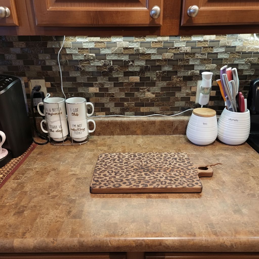 Customer photo of square leopard print board on a countertop