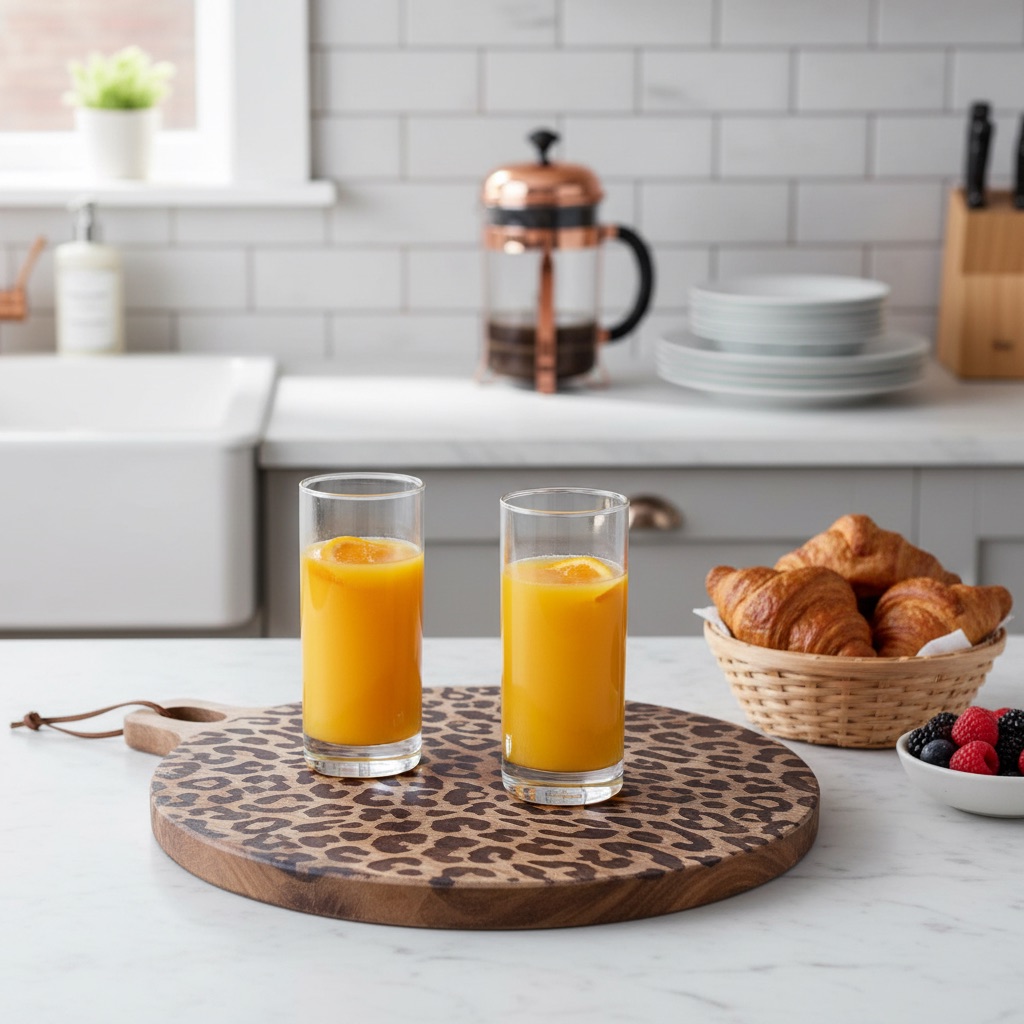 Round leopard print serving board with drinks and pastries