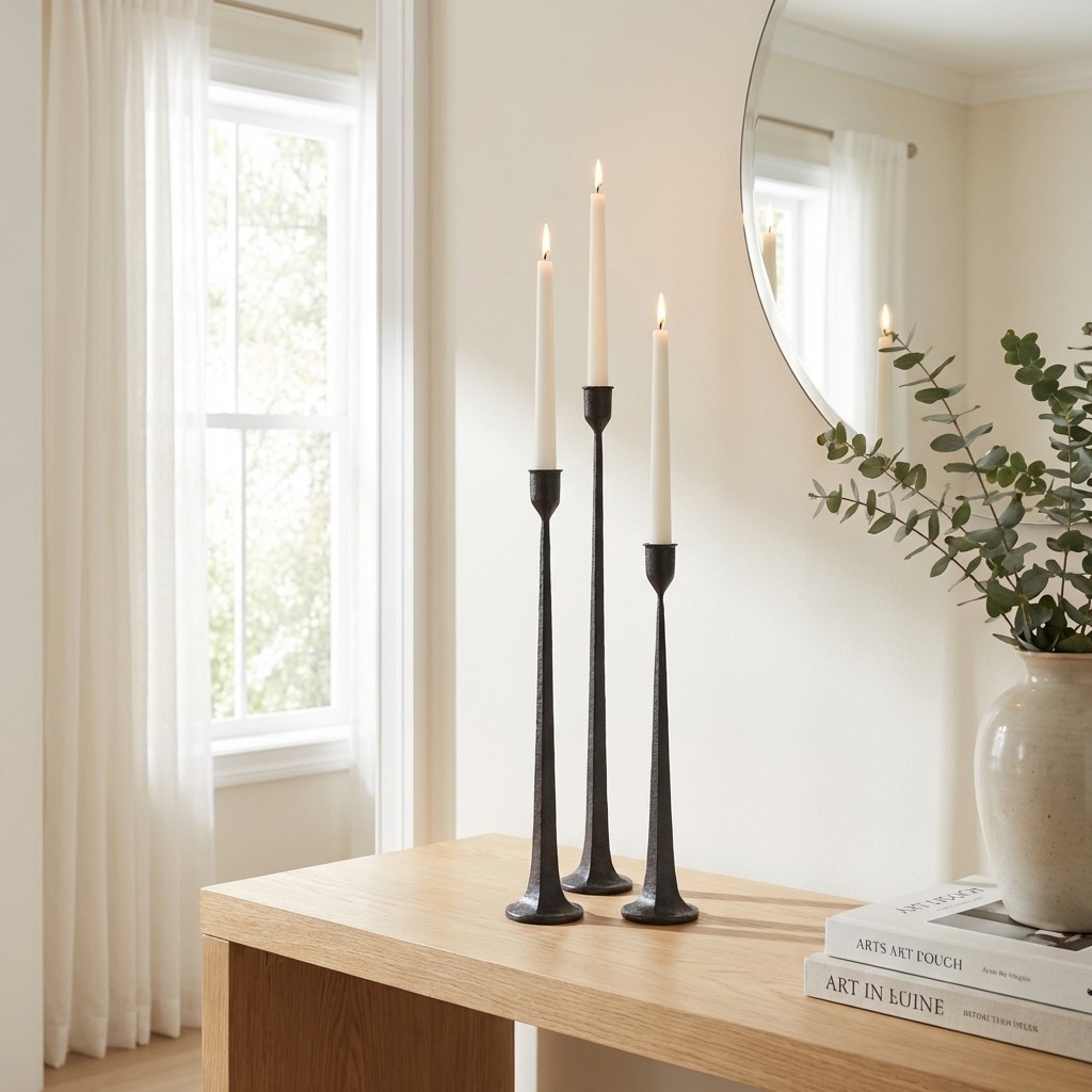 Tegna black candlestick holders on a console table