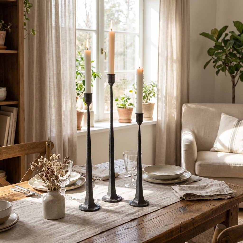 Tegna black taper candle holders styled on a dining table
