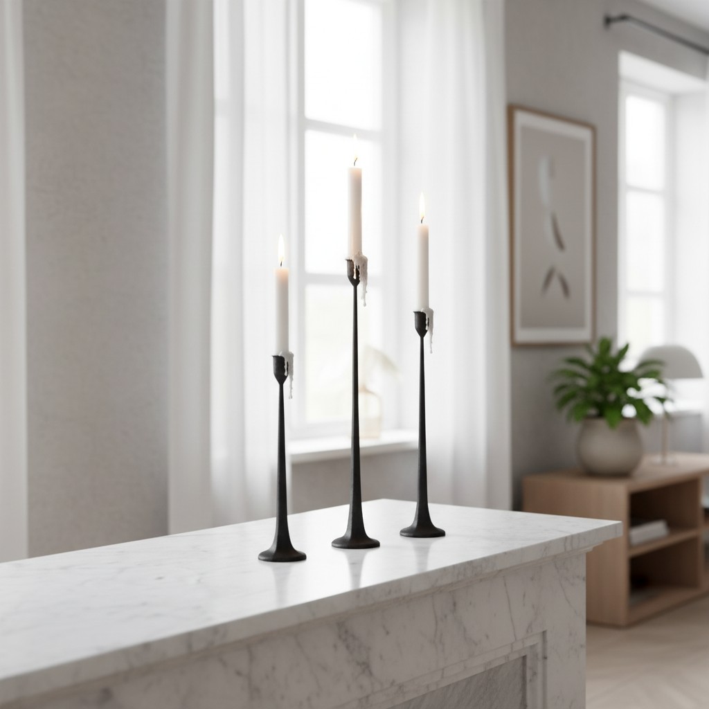 Tegna candle holders arranged on a stone counter