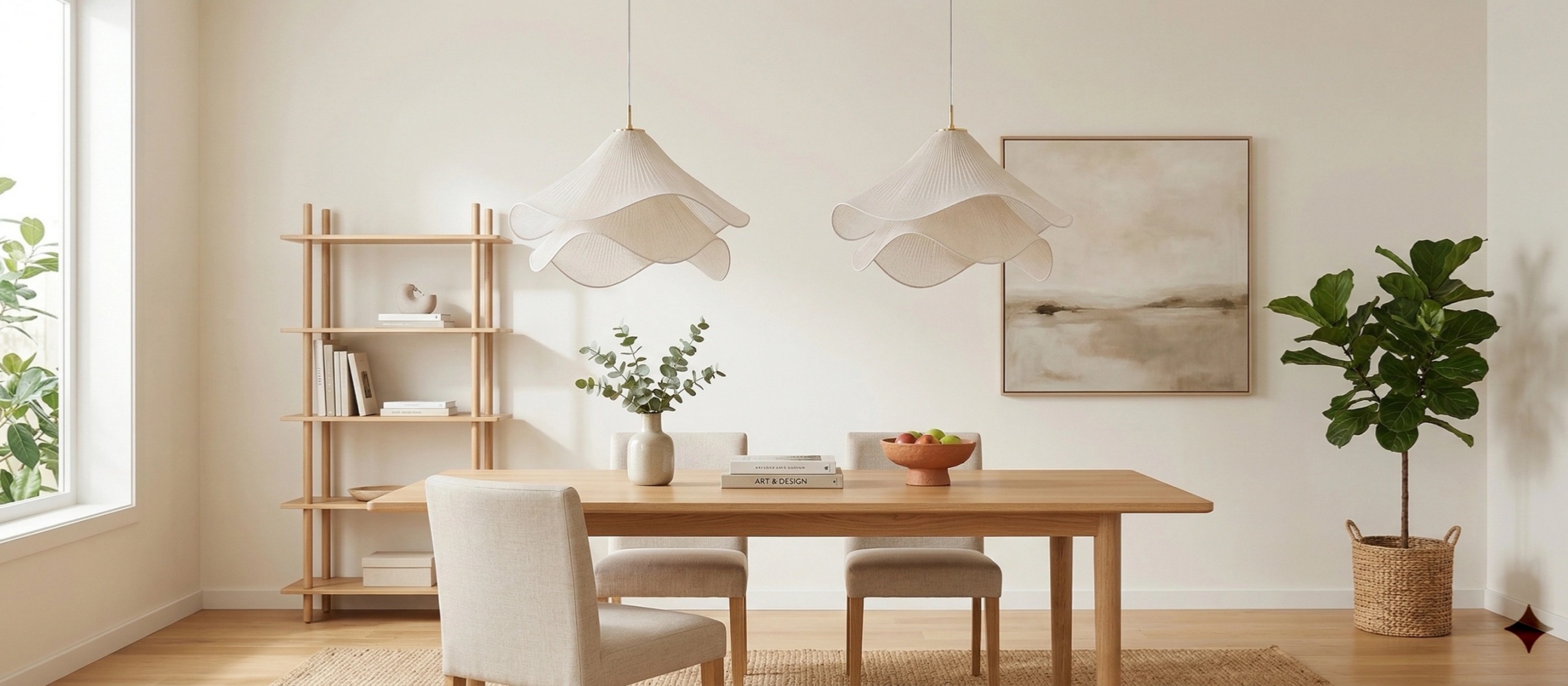 Ethereal floral inspired pendant light in a warm dining room