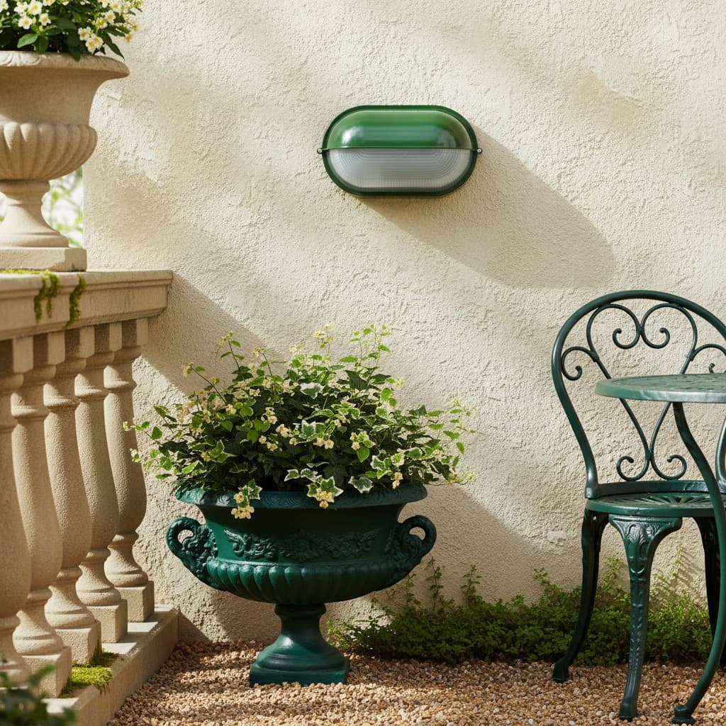 Green Docka wall lamp on a garden patio wall