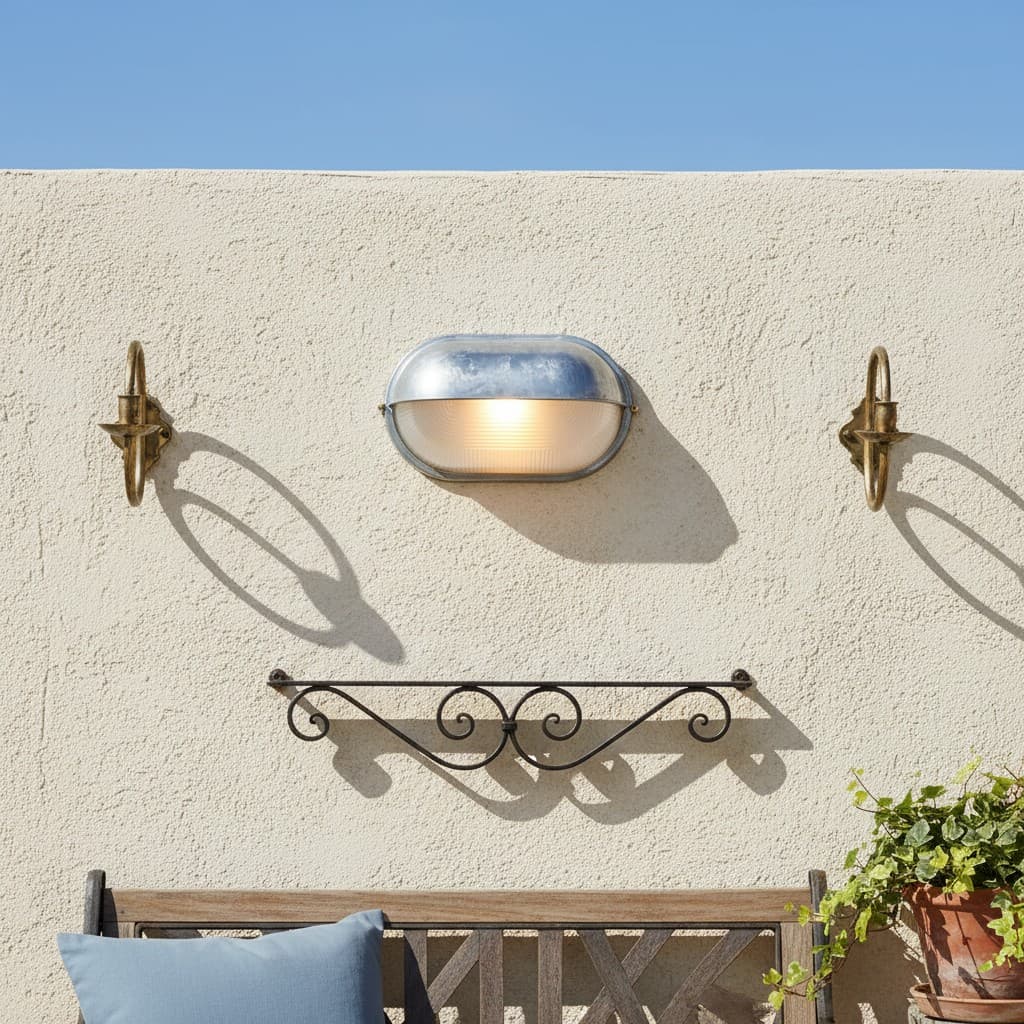 Docka wall lamp installed above an outdoor bench