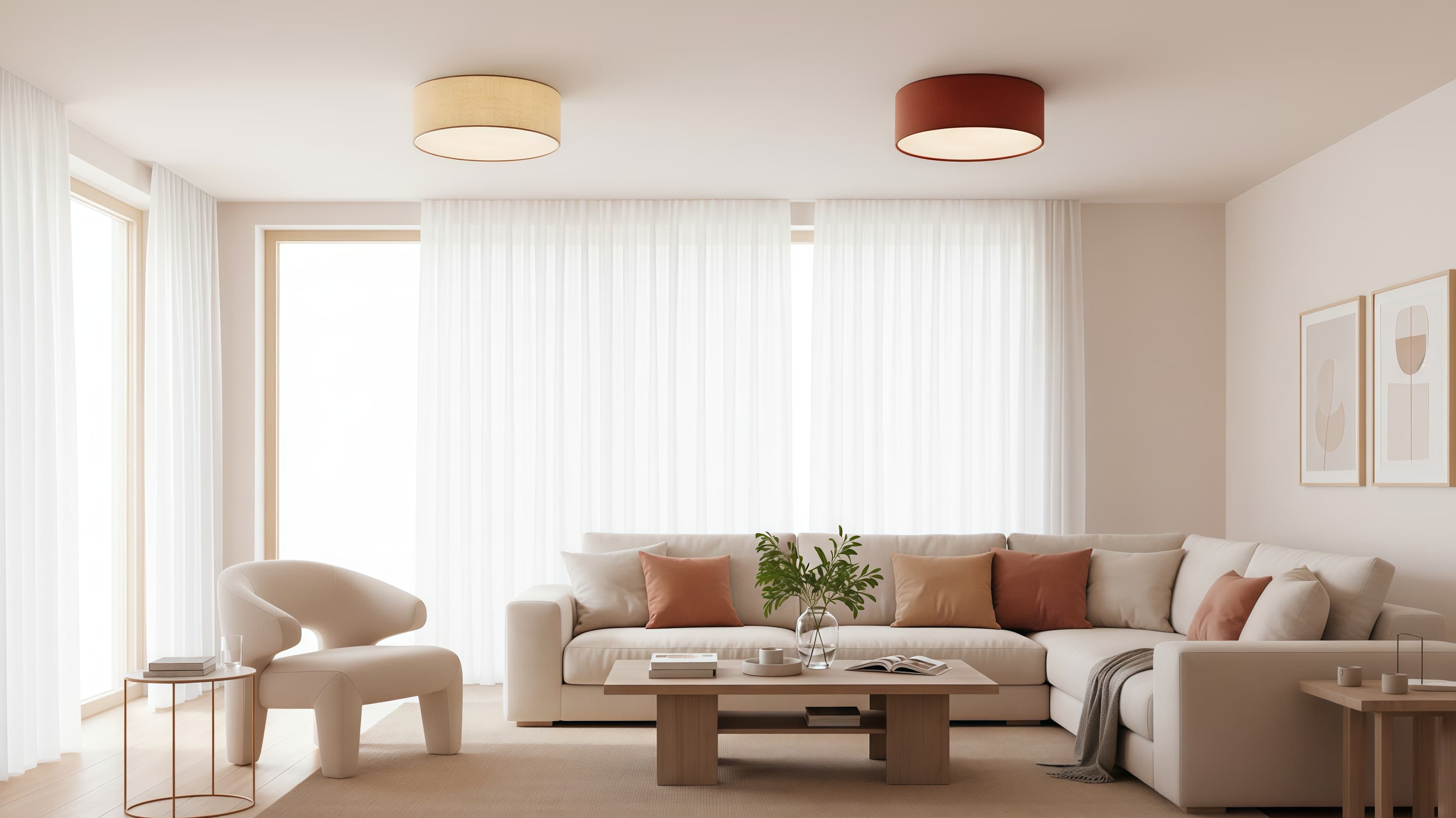 Dumora round ceiling fixtures in a bright living room