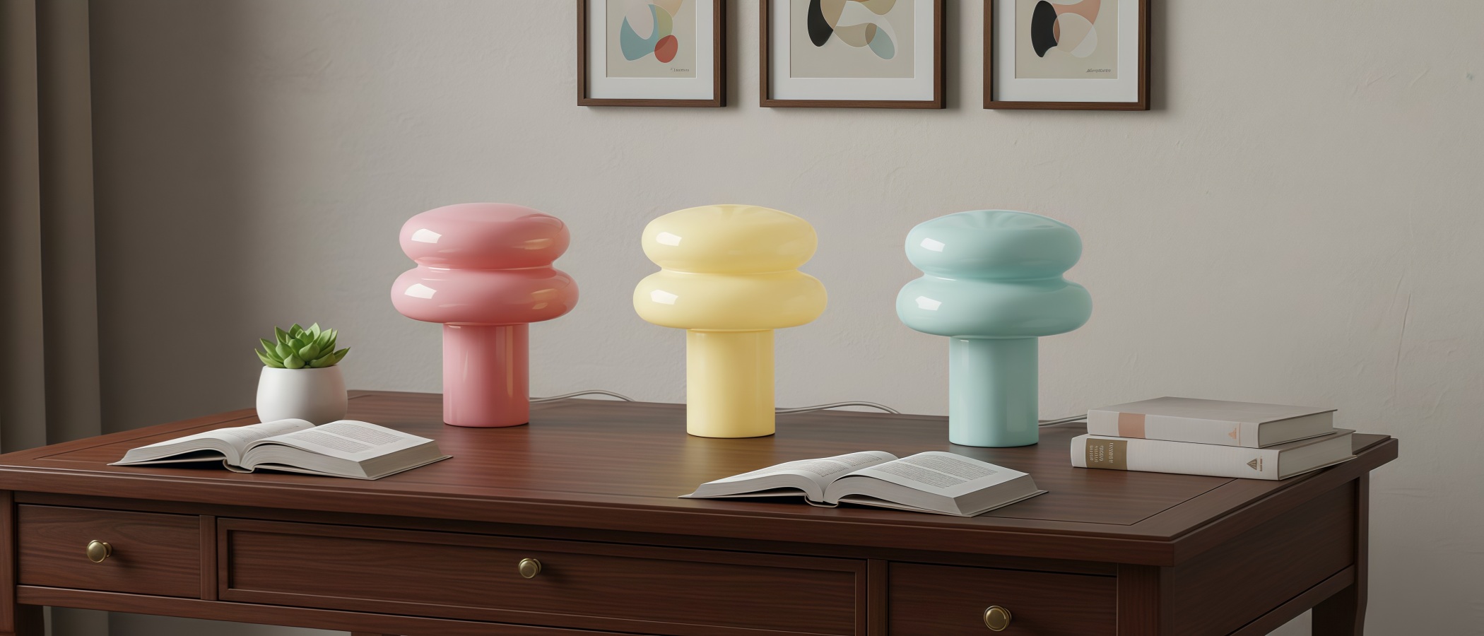 Opal mushroom table lamps displayed on a wooden table
