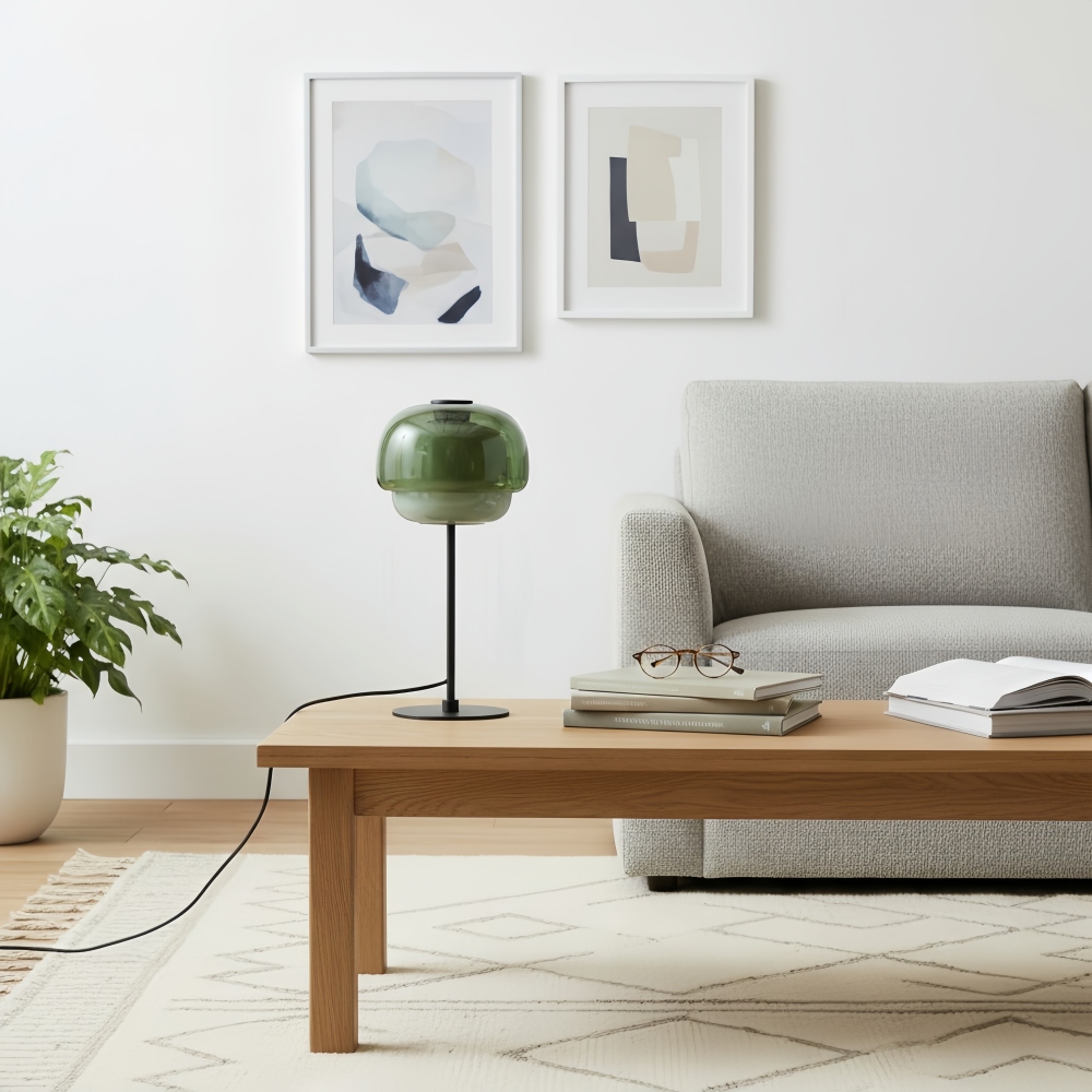Clinco green glass table lamp in a living room