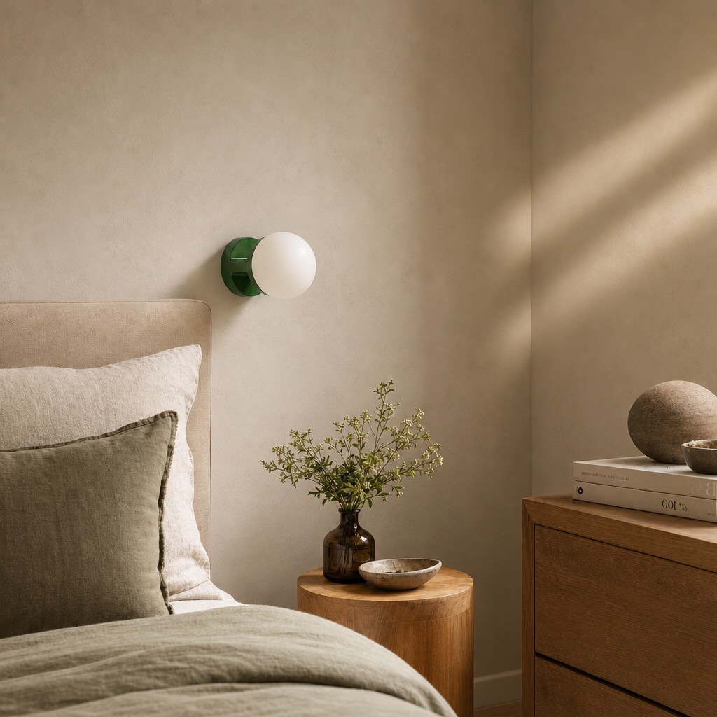 Nebulon wall light in a bedroom with green finish