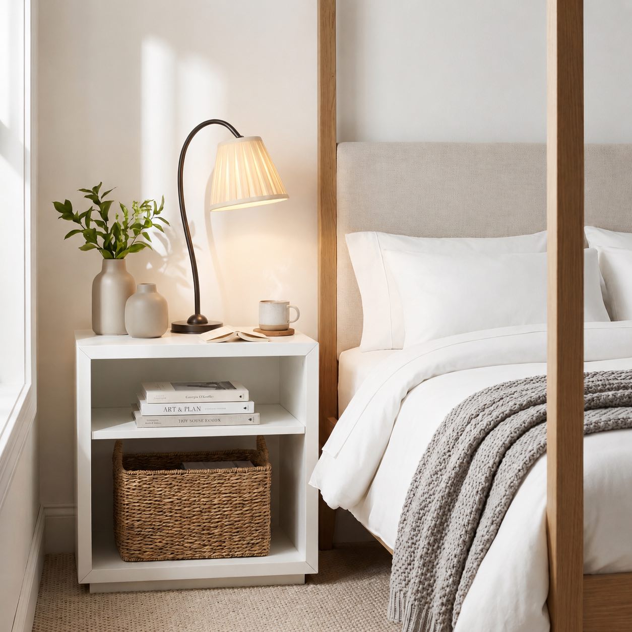 Luvora table lamp on a white bedside table