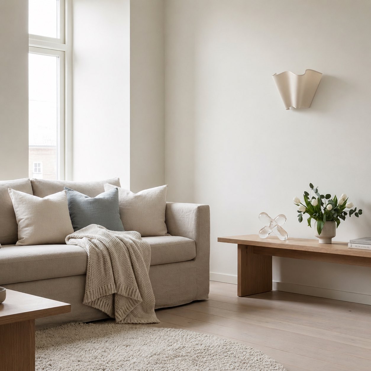 Oslan pleated linen wall sconce styled above a sofa
