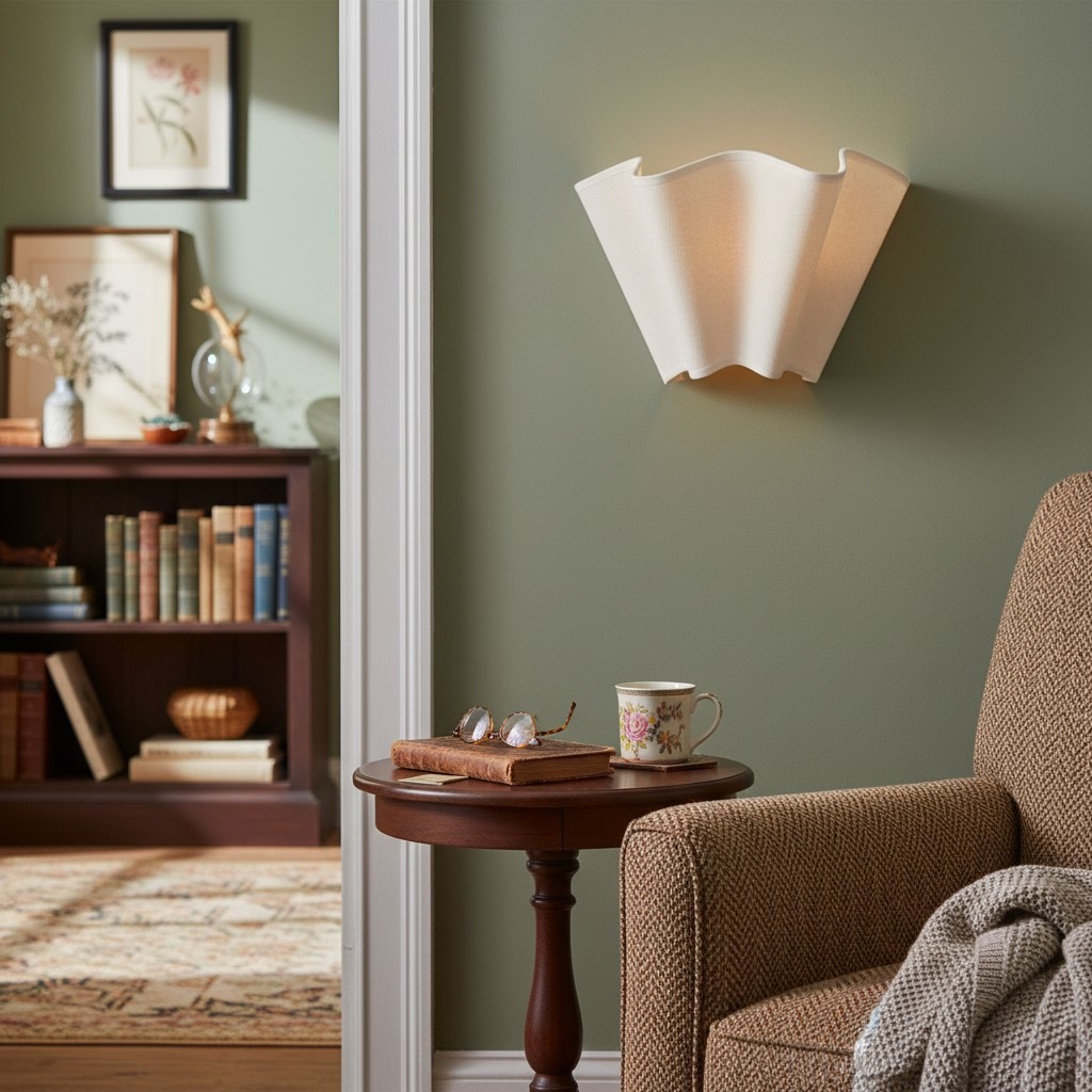 Oslan wall sconce with warm ambient light in a reading corner