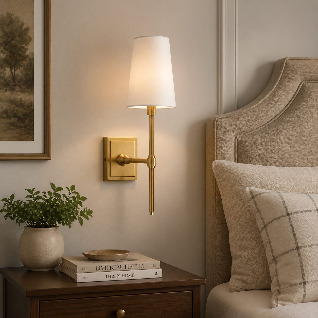 Derlina wall lamp beside upholstered bed