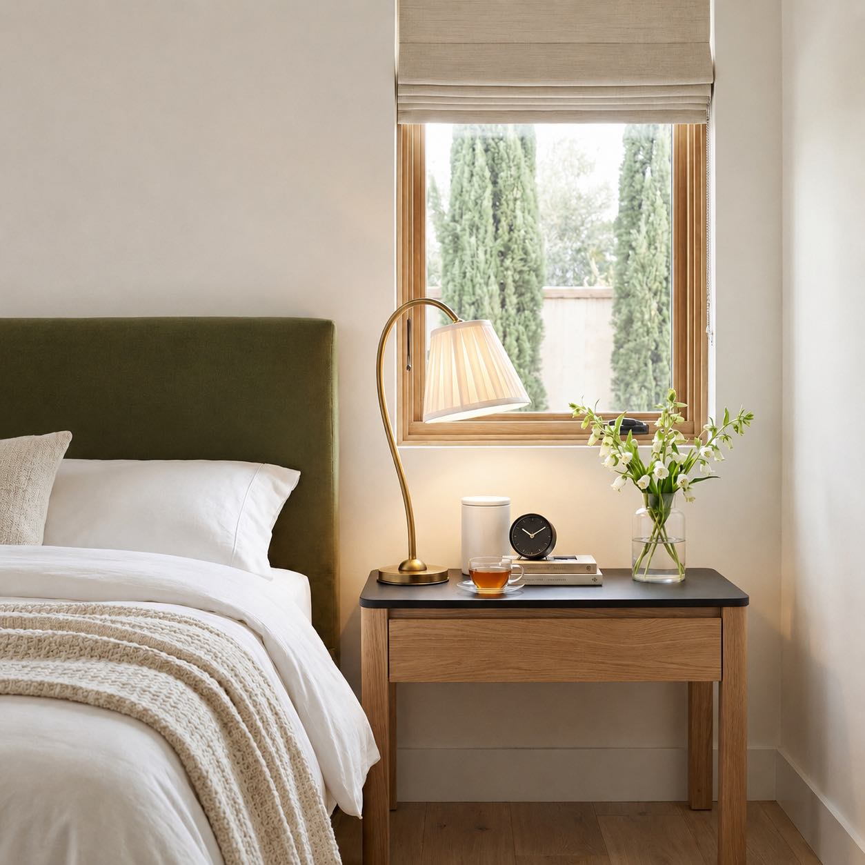 Luvora table lamp beside a bed near a window