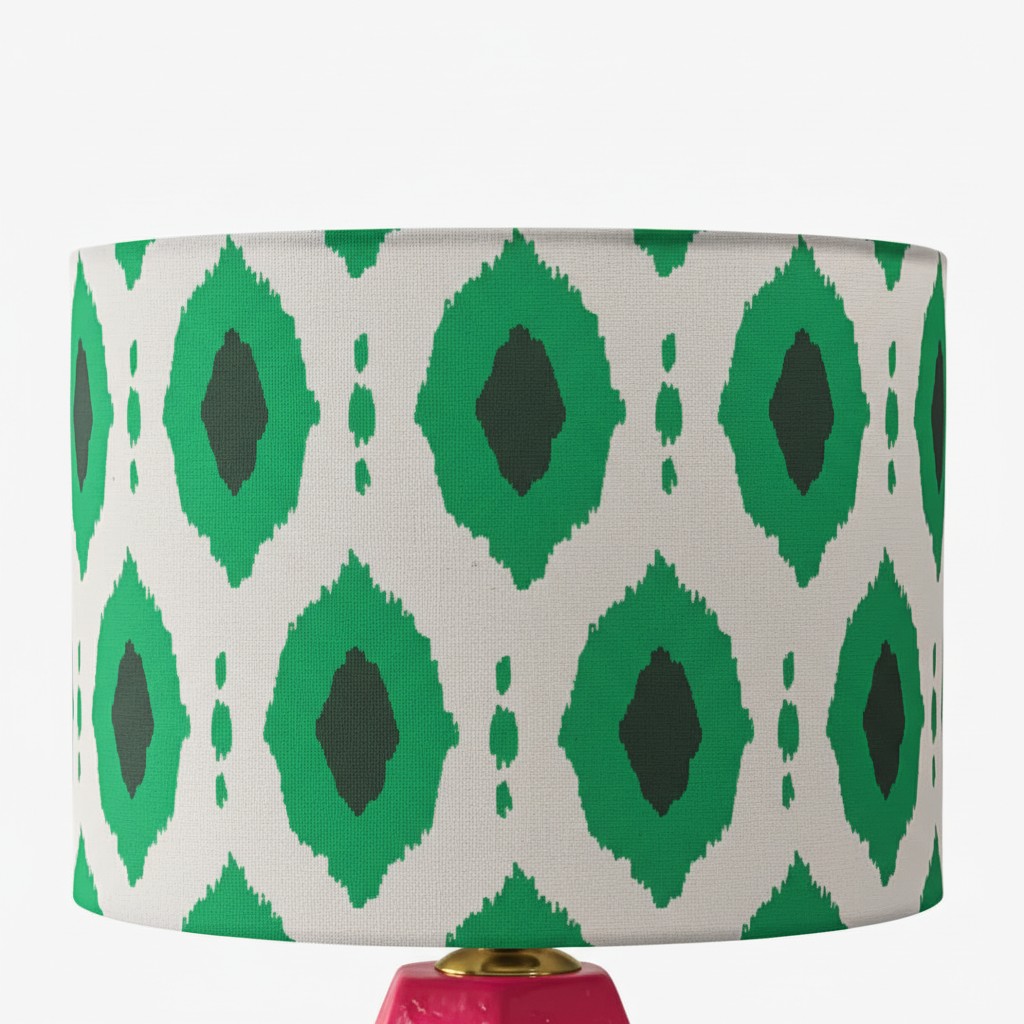 Close view of the green patterned fabric shade