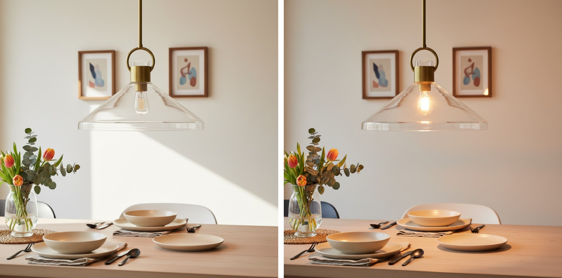 Switch light comparison showing Orvessa pendant light off and on