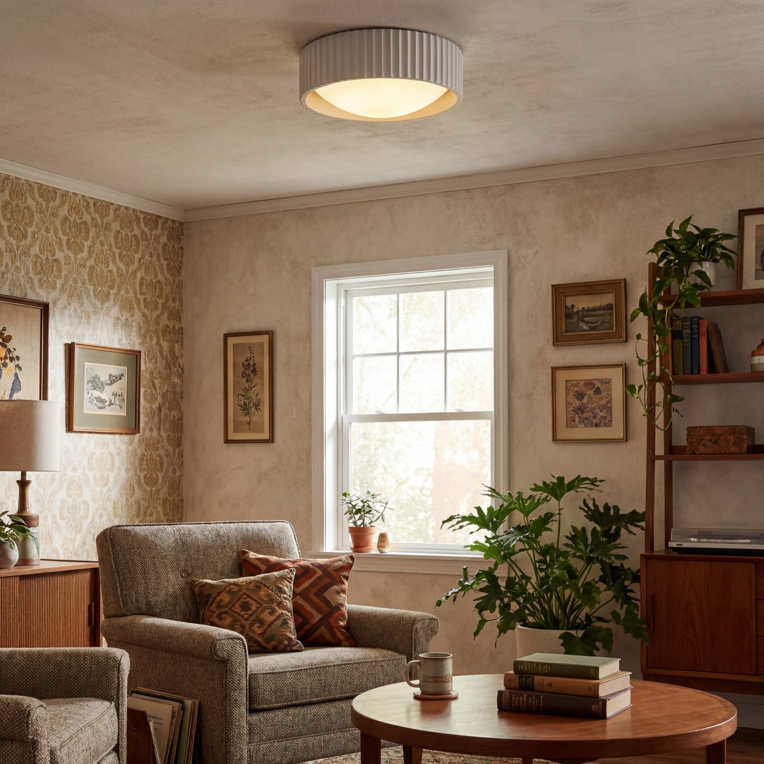 Acrion flush mount ceiling light in a bedroom seating area