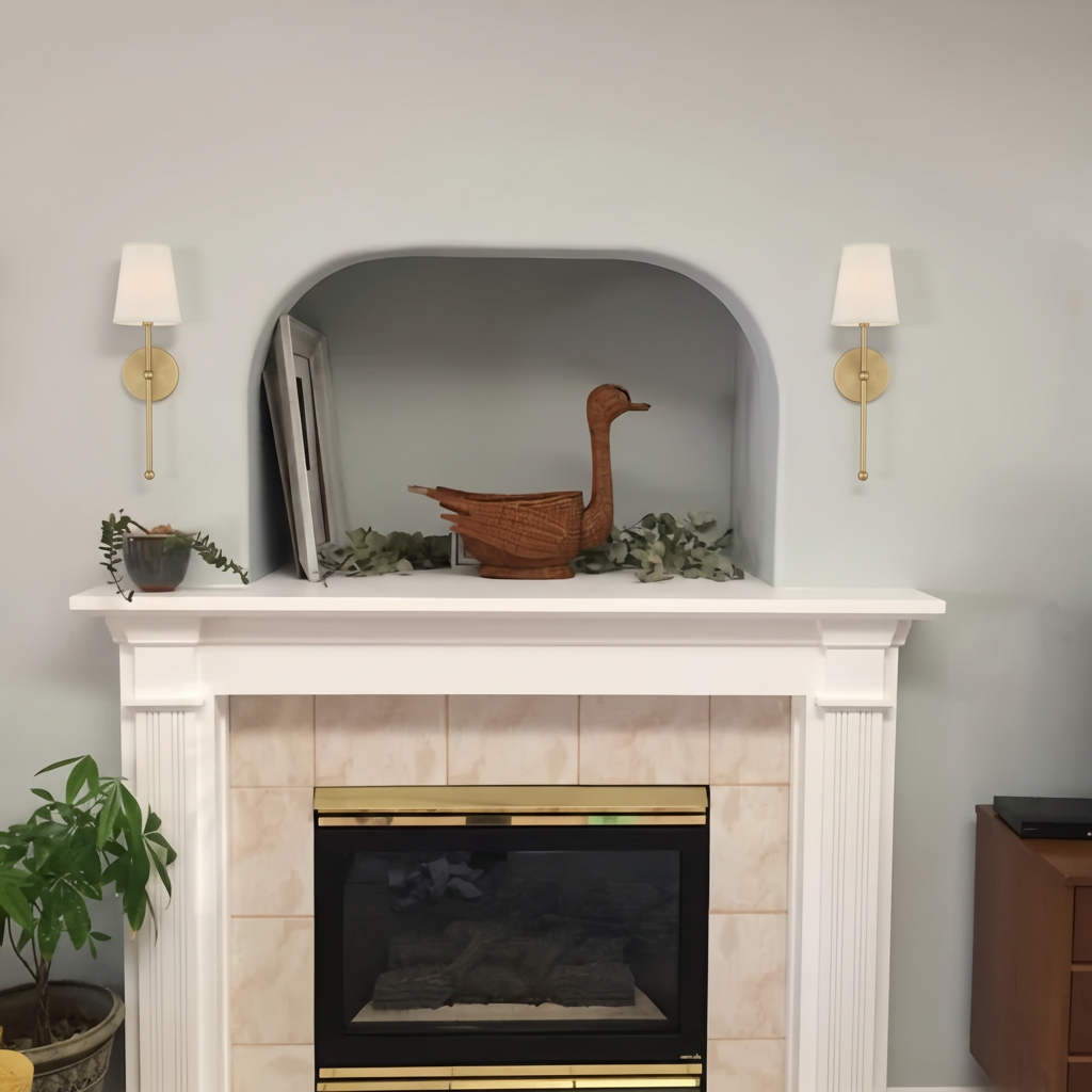 Meshara wall lamps above a fireplace