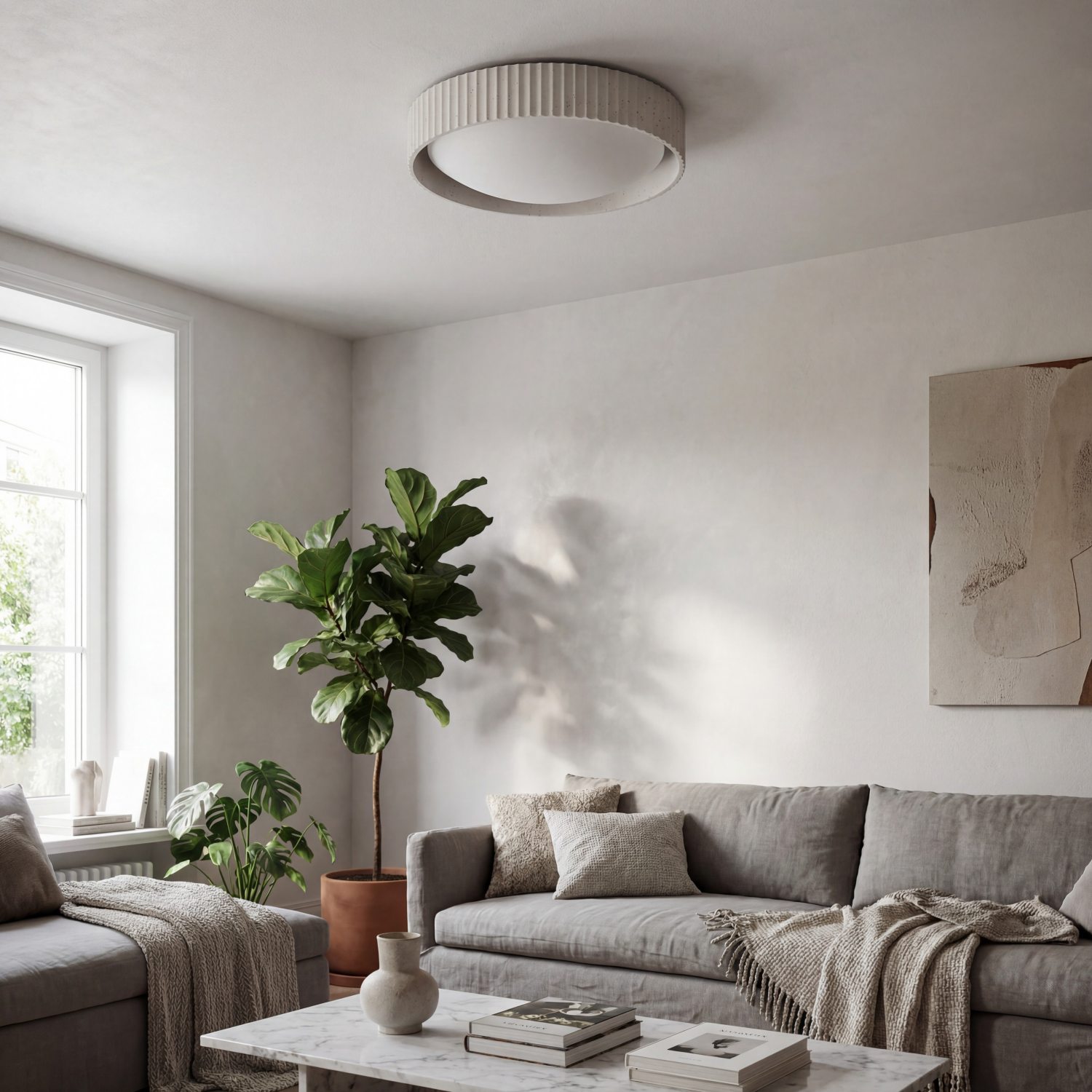 Acrion flush mount ceiling light in a living room