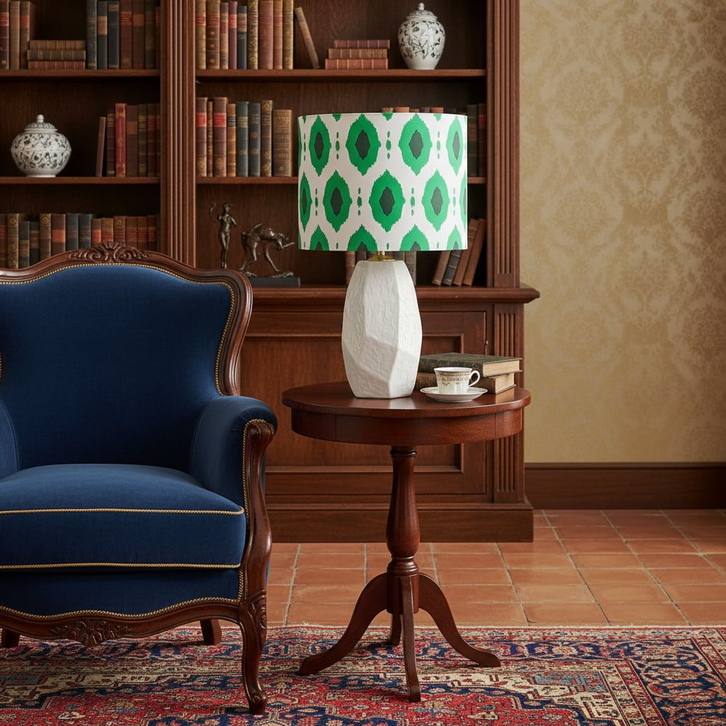 Arivane table lamp on a side table beside a blue chair