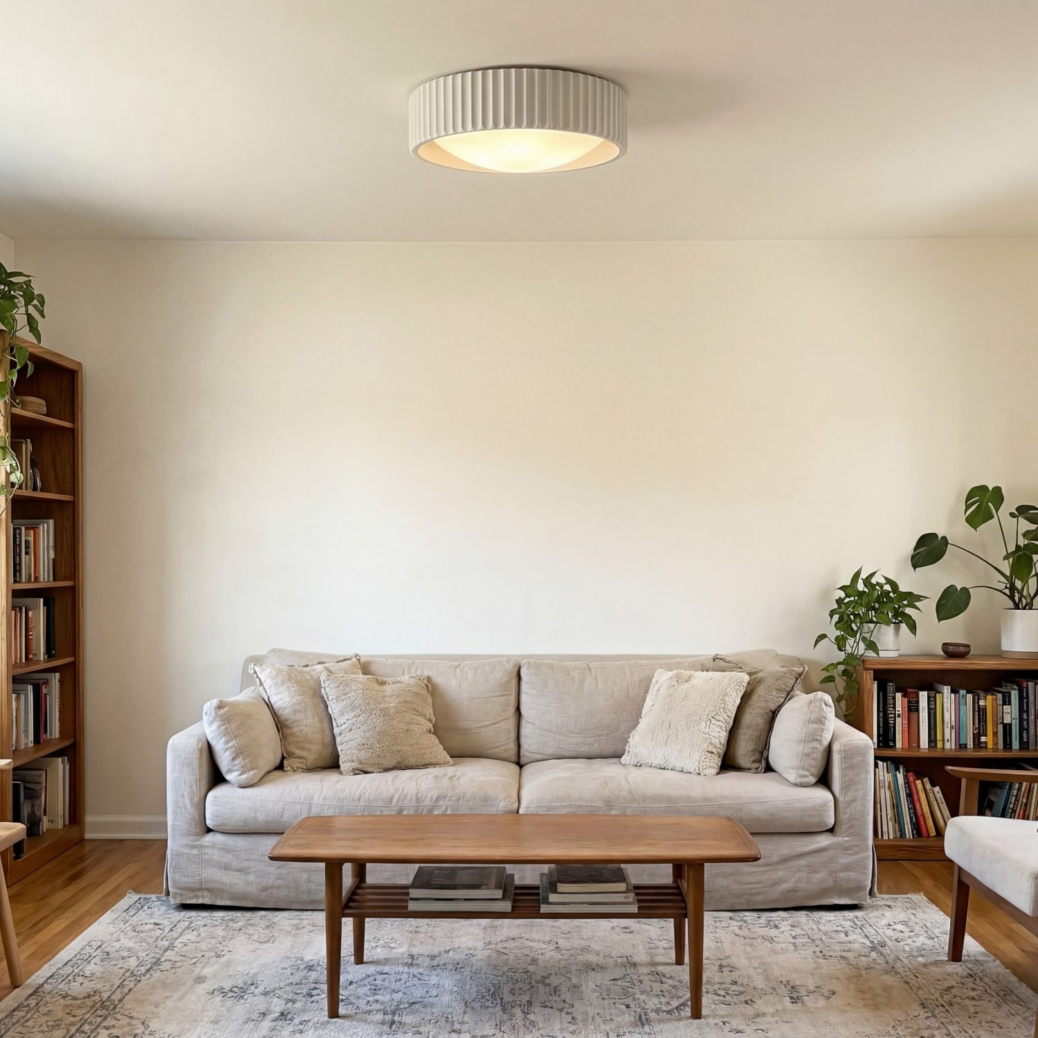 Acrion ceiling light in a calm living room