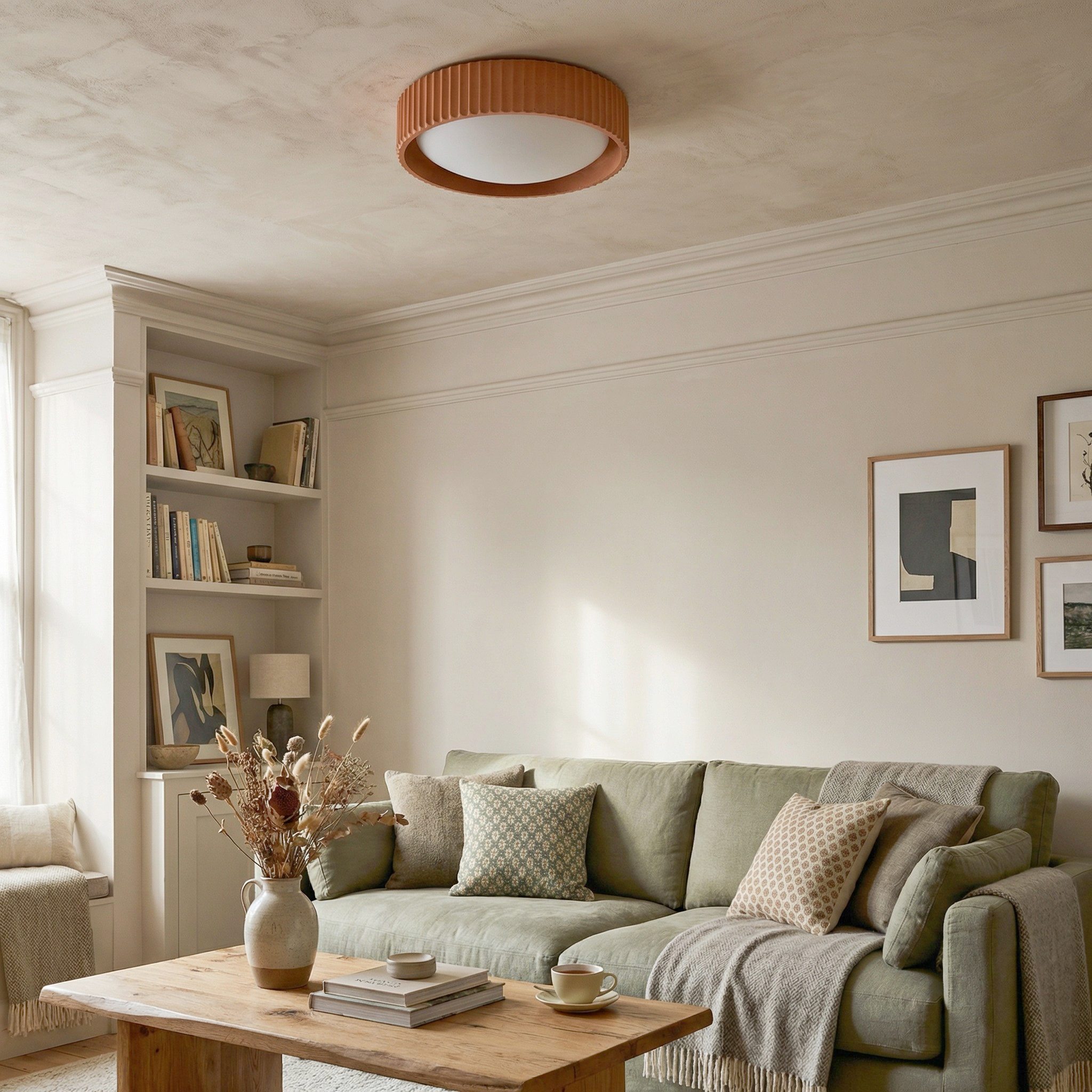 Acrion flush mount ceiling light above a sofa