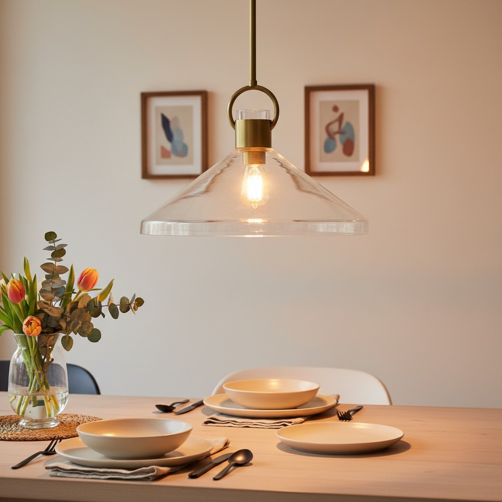 Orvessa pendant light glowing above a dining table