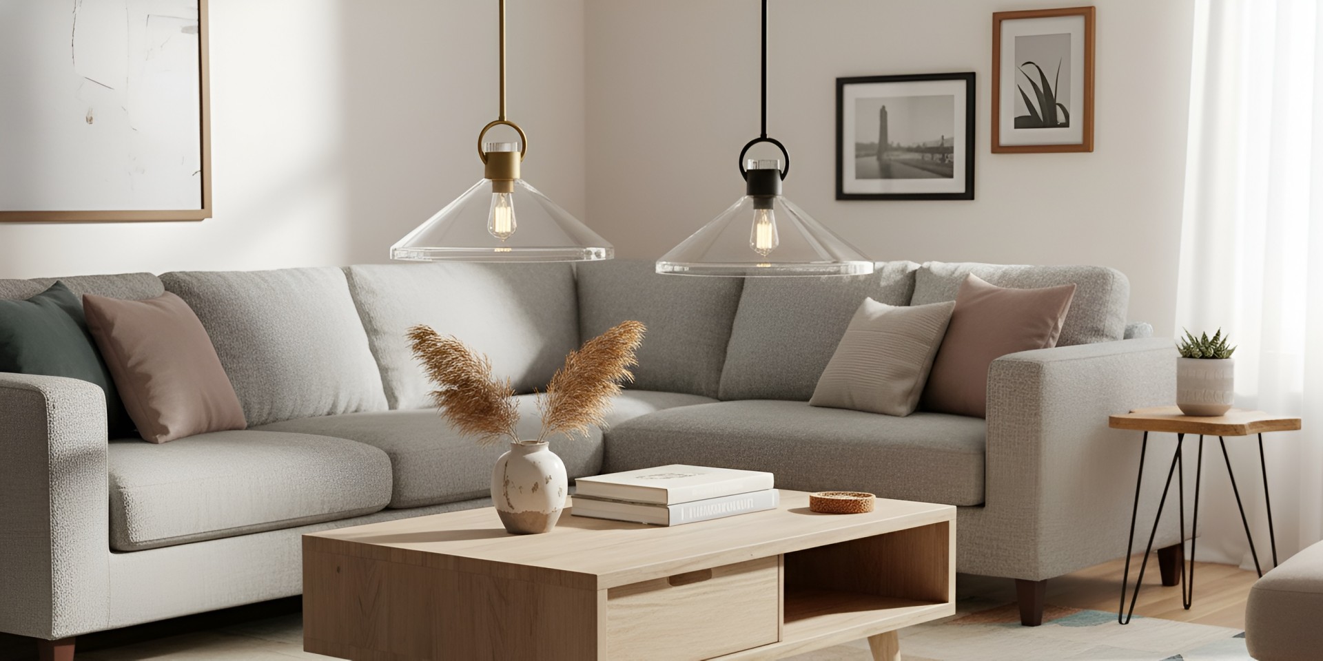 Orvessa Cone Shape Hanging Light styled above a living room sofa